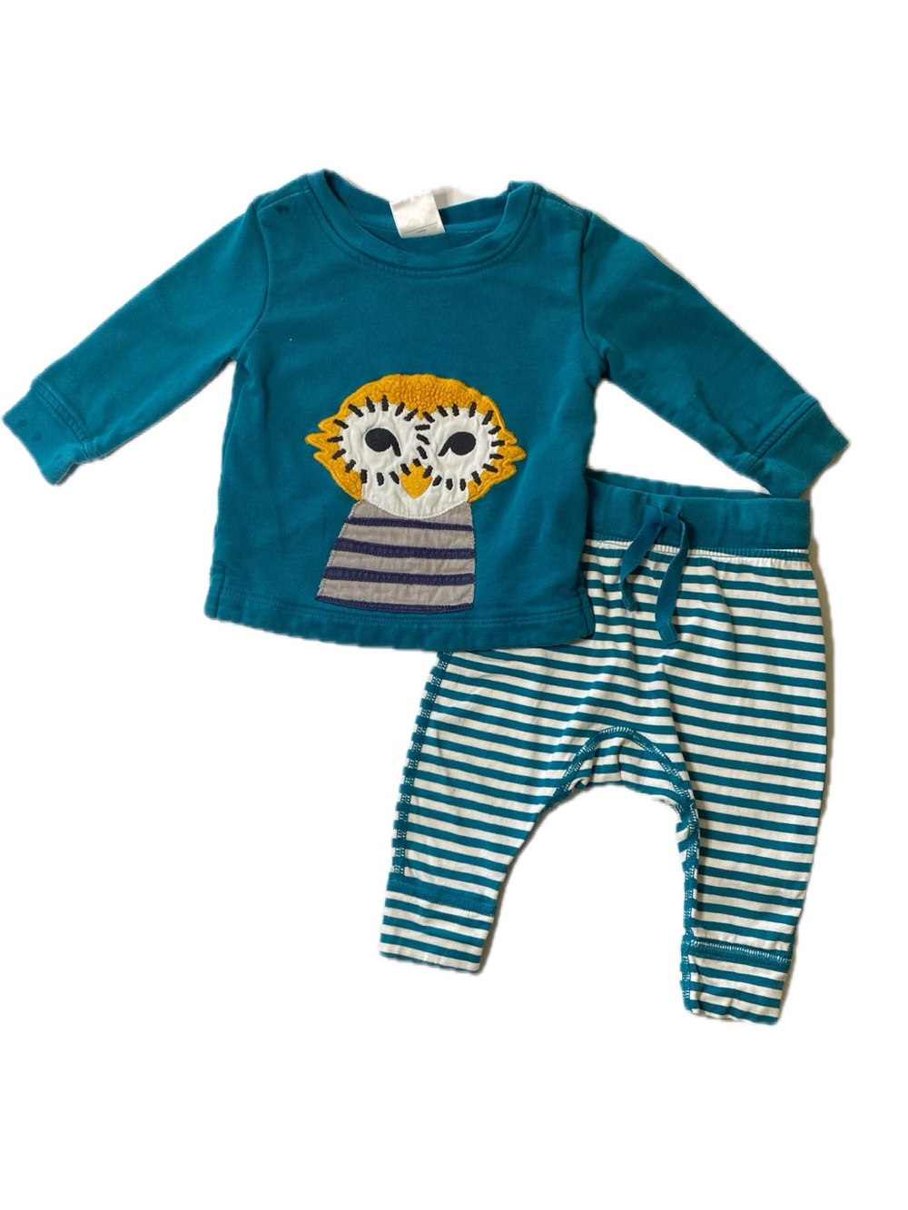 Hanna Andersson Teal Owl Sweatshirt and Stripe Leggings Size 6-12 Months